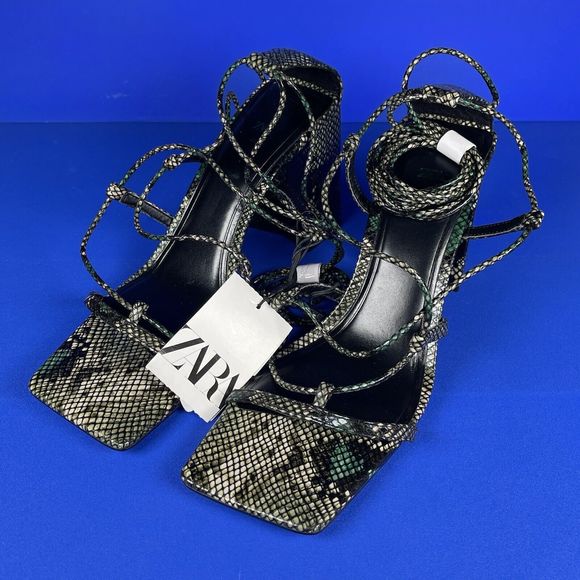 NWT Zara High Block Heels Snakeskin Wrap Around Sandals Women's 10 - Picture 2 of 10